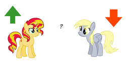 Size: 1600x800 | Tagged: safe, derpy hooves, sunset shimmer, pony, unicorn, g4, downvote, meta, op is a duck, op is trying to start shit, question mark, simple background, upvote, vector, white background