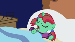 Size: 1024x577 | Tagged: safe, artist:ianpony98, oc, oc only, oc:straight a's, pony, unicorn, bed, clothes, glasses, horn, parent:oc:ian, pigtails, sleeping, solo, sweater, unicorn oc