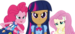 Size: 2370x1071 | Tagged: safe, artist:seahawk270, edit, vector edit, fluttershy, pinkie pie, twilight sparkle, human, equestria girls, g4, clothes, cover image, female, frown, human coloration, humanized, light skin, looking at you, moderate dark skin, photoshop, simple background, story in the source, transparent background, trio, vector