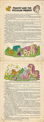 Size: 720x2000 | Tagged: safe, baby lickety-split, peachy, twinkles, cat, pony, comic:my little pony (g1), g1, official, bow, conditioner, epic fail, fail, grooming parlour, hair styling, magician muddle, parcel, peachy and the peculiar present, shampoo, story, tail bow, text