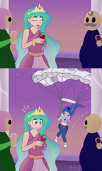 Size: 1500x2500 | Tagged: safe, artist:phallen1, princess celestia, princess luna, human, g4, alcohol, band shirt, belly button, both cutie marks, clothes, comic, cutie mark on clothes, dress, gala dress, glass, group, hipgnosis, humanized, jeans, midriff, no dialogue, oh crap face, pants, parachute, pink floyd, ponytail, shirt, shirt lift, t-shirt, the dark side of the moon, wine, wine glass