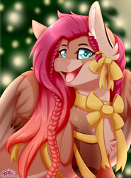 Size: 2000x2700 | Tagged: safe, artist:pinktabico, oc, oc only, oc:cameron howe, pony, christmas, cute, female, heart eyes, high res, holiday, looking at you, mare, ocbetes, open mouth, raised hoof, ribbon, smiling, wingding eyes