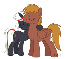 Size: 5888x5360 | Tagged: safe, artist:suramii, oc, oc only, oc:calamity, oc:velvet remedy, pegasus, pony, unicorn, fallout equestria, absurd resolution, cutie mark, dashite, duo, eyes closed, fanfic, fanfic art, female, hooves, horn, hug, male, mare, open mouth, shipping, signature, simple background, smiling, stallion, straight, transparent background, velamity, wings
