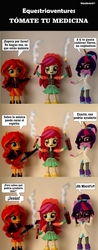 Size: 840x2152 | Tagged: safe, artist:whatthehell!?, edit, roseluck, sci-twi, sunset shimmer, twilight sparkle, equestria girls, g4, boots, christian sunset shimmer, clothes, coat, doll, dynamite, equestria girls minis, explosives, glasses, guitar, irl, jacket, parody, pencil, photo, religion, shoes, skirt, spanish, toy