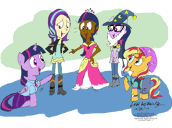 Size: 2580x1916 | Tagged: safe, artist:newportmuse, sci-twi, starlight glimmer, sunset shimmer, twilight sparkle, alicorn, equestria girls, g4, boots, clothes, clothes swap, coronation dress, cosplay, costume, dark skin, dress, equestria girls outfit, shoes, signature, simple background, transparent background, twilight sparkle (alicorn)