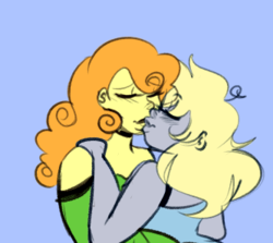 Size: 333x297 | Tagged: safe, artist:cubbybatdoodles, color edit, colorist:ironhades, edit, carrot top, derpy hooves, golden harvest, human, g4, colored, female, kissing, lesbian, ship:derpytop, shipping, sketch