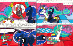 Size: 3288x2084 | Tagged: safe, artist:eternaljonathan, discord, princess celestia, princess luna, comic:a new twist, g4, butt, chaos, comic, conjoined, conjoined royal sisters, fusion, high res, merge, moonbutt, multiple heads, plot, royal sisters, saddle bag, scroll, target, traditional art, two heads