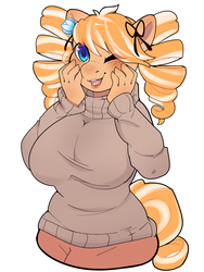 Size: 750x1000 | Tagged: safe, artist:tizzle_bizzle, oc, oc only, oc:dreamsicle swirl, anthro, big breasts, blue eyes, breasts, clothes, cute, drill hair, female, one eye closed, sweater, wink