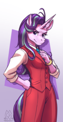 Size: 737x1425 | Tagged: safe, artist:mykegreywolf, starlight glimmer, unicorn, anthro, g4, ace attorney, apollo justice, bracelet, clothes, cosplay, costume, female, hand on hip, jewelry, mare, necktie, solo, suit