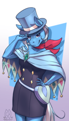 Size: 811x1425 | Tagged: safe, artist:mykegreywolf, trixie, unicorn, anthro, g4, ace attorney, clothes, cosplay, costume, female, hat, smiling, solo, top hat, trucy wright