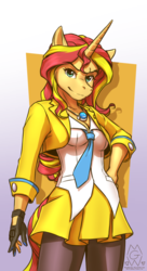 Size: 777x1425 | Tagged: safe, artist:mykegreywolf, sunset shimmer, unicorn, anthro, g4, ace attorney, athena cykes, clothes, cosplay, costume, female, gloves, looking at you, mare, pantyhose, skirt, skirt suit, smiling, solo