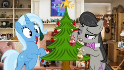 Size: 1920x1080 | Tagged: safe, artist:dashiesparkle, editor:grapefruitface, octavia melody, trixie, g4, 16:9, bauble, bust, christmas, christmas star, christmas tree, duo, festive, filter, hearth's warming eve, holiday, irl, photo, portrait, tree, wallpaper