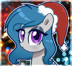 Size: 1100x1000 | Tagged: safe, artist:darkynez, oc, oc only, oc:spooky glare, pegasus, pony, abstract background, bust, christmas, hat, holiday, santa hat, solo