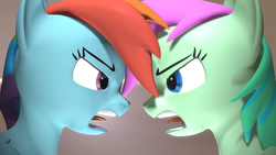 Size: 1920x1080 | Tagged: safe, artist:calliegreen, rainbow dash, oc, oc:callie green, pegasus, pony, g4, 3d, angry, duo, face to face, source filmmaker, yelling
