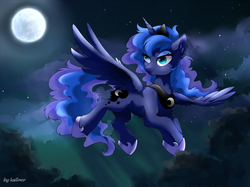 Size: 1707x1280 | Tagged: safe, artist:kaliner123, princess luna, alicorn, pony, g4, female, fluffy, flying, mare, moon, solo, spread wings, wings