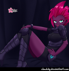 Size: 963x1000 | Tagged: safe, artist:clouddg, tempest shadow, equestria girls, g4, my little pony: the movie, armor, boots, equestria girls-ified, female, open mouth, shoes, sitting, solo, tongue out