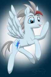 Size: 1000x1500 | Tagged: safe, artist:soctavia, oc, oc only, oc:solo wing, pegasus, pony, flying, happy, male, simple background, smiling, solo, waving