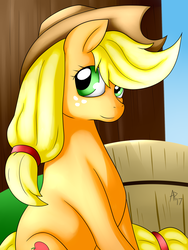 Size: 1024x1365 | Tagged: safe, artist:heart-of-a-dragoness, applejack, earth pony, pony, g4, basket, cowboy hat, female, freckles, hat, mare, sitting, solo, stetson, tree