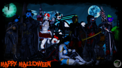 Size: 4000x2250 | Tagged: safe, artist:blackspoiler, oc, oc only, oc:candyflinch, oc:hornet, oc:midnight-devilwitch, oc:mr. noxi, oc:mrs. noxina, oc:roxana, oc:sevy, oc:spoilrz, oc:triney, anthro, plantigrade anthro, 3d, batman, gun, halloween, halloween costume, holiday, moon, pumpkin, sword, weapon