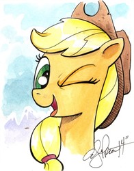 Size: 842x1074 | Tagged: safe, artist:andypriceart, applejack, earth pony, pony, g4, best pony, bust, colored sketch, female, hat, mare, one eye closed, open mouth, portrait, solo, wink