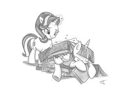 Size: 5016x4014 | Tagged: safe, artist:lummh, starlight glimmer, twilight sparkle, alicorn, pony, unicorn, g4, absurd resolution, book, book bed, bookhorse, eyes closed, female, glowing horn, grayscale, horn, magic, mare, monochrome, simple background, sleeping, smiling, that pony sure does love books, twilight sparkle (alicorn), white background