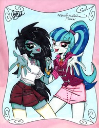 Size: 1681x2183 | Tagged: safe, artist:ponygoddess, sonata dusk, oc, oc:sappho, g4, bracelet, clothes, colored sketch, eyeshadow, female, holding hands, jewelry, lesbian, looking at you, makeup, marÿke hendrikse, necklace, open mouth, shirt, signature, skirt, socks