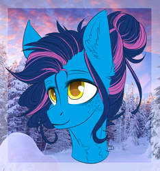Size: 951x1018 | Tagged: safe, artist:cloud-fly, oc, oc only, oc:mary, pony, bust, female, forest, mare, portrait, snow, solo, winter