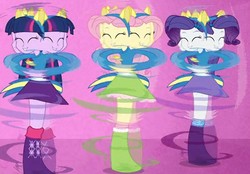 Size: 797x555 | Tagged: safe, screencap, fluttershy, rarity, twilight sparkle, equestria girls, g4, my little pony equestria girls, boots, female, great moments in animation, helping twilight win the crown, high heel boots, shoes, smear frame, spinjitzu, spinning, wondercolts