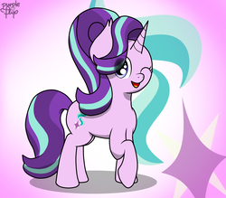 Size: 1752x1536 | Tagged: safe, artist:php142, starlight glimmer, pony, unicorn, g4, cute, cutie mark background, female, glimmerbetes, gradient background, happy, looking at you, mare, one eye closed, raised hoof, sideview, solo, wink