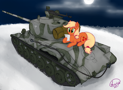 Size: 3000x2200 | Tagged: safe, artist:starlightglummer, applejack, earth pony, pony, g4, female, high res, lttb, mare, missing accessory, moon, night, note, snow, solo, tank (vehicle)