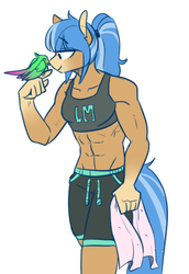 Size: 495x720 | Tagged: safe, artist:redxbacon, oc, oc only, oc:tea cozy, bird, earth pony, anthro, abs, clothes, female, muscles, simple background, solo, sports bra, white background