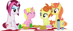 Size: 5295x2258 | Tagged: safe, artist:ironm17, cayenne, citrus blush, indian summer, raspberry cream, pony, unicorn, g4, ^^, carrot, carrot dog, eyes closed, female, food, mare, picnic, picnic blanket, simple background, sitting, thermos, transparent background, vector