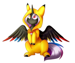 Size: 1700x1440 | Tagged: safe, artist:despotshy, oc, oc only, oc:flaming rainbow, alicorn, pikachu, pony, clothes, colored wings, costume, female, heterochromia, kigurumi, mare, multicolored wings, poké ball, pokémon, simple background, sitting, solo, transparent background