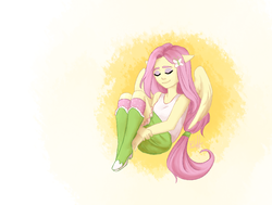 Size: 2424x1834 | Tagged: safe, artist:bunnyartblog, fluttershy, equestria girls, g4, eyes closed, female, ponied up, smiling, solo, spread wings, wings