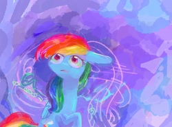 Size: 1280x947 | Tagged: safe, artist:laurasrxfgcc, rainbow dash, pegasus, pony, g4, abstract background, female, floppy ears, folded wings, looking up, mare, open mouth, sitting, solo