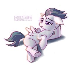 Size: 1280x1167 | Tagged: safe, artist:gsphere, rumble, pegasus, g4, marks and recreation, colt, draw me like one of your french girls, floppy ears, foal, lying, male, on side, simple background, solo