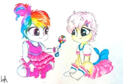 Size: 2898x1977 | Tagged: safe, artist:liaaqila, fluttershy, rainbow dash, equestria girls, g4, alternate hairstyle, baby, baby dash, babyshy, bow, clothes, cute, daaaaaaaaaaaw, dashabetes, dress, duo, friends, holding, looking at something, rattle, shyabetes, simple background, sitting, smiling, socks, toddler, traditional art, white background, younger