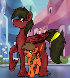 Size: 2513x2775 | Tagged: safe, artist:euspuche, oc, oc only, oc:cloud rider, oc:solar chaser, crystal pony, pegasus, pony, between legs, crystal empire, father and daughter, female, filly, high res, looking at each other, male, parent:oc:cloud rider