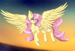 Size: 5821x3919 | Tagged: safe, artist:cat-chai, fluttershy, pony, g4, absurd resolution, chest fluff, female, flying, mare, solo, spread wings, sunrise, wings