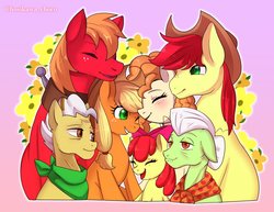 Size: 1787x1378 | Tagged: safe, artist:hosikawa, apple bloom, applejack, big macintosh, bright mac, grand pear, granny smith, pear butter, earth pony, pony, g4, the perfect pear, apple family, apple siblings, apple sisters, blushing, brother and sister, cowboy hat, eyes closed, family, family reunion, father and daughter, father and son, father and son-in-law, female, filly, gradient background, grandfather and grandchild, grandfather and granddaughter, grandfather and grandson, grandmother and grandchild, grandmother and granddaughter, grandmother and grandson, hat, if only, male, mare, mother and child, mother and daughter, mother and daughter-in-law, mother and son, pink background, siblings, simple background, sisters, smiling, stallion, the whole apple family