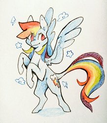 Size: 891x1024 | Tagged: safe, artist:bebbies, rainbow dash, pegasus, pony, g4, bipedal, cloud, colored pencil drawing, female, looking at you, mare, no pupils, rearing, simple background, smiling, solo, spread wings, traditional art, white background, wings