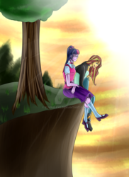 Size: 1024x1408 | Tagged: safe, artist:elvina-exe, sci-twi, sunset shimmer, twilight sparkle, equestria girls, g4, art trade, cliff, female, lesbian, looking at each other, ship:sci-twishimmer, ship:sunsetsparkle, shipping, sitting, sunset, tree