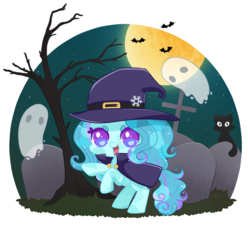 Size: 1308x1210 | Tagged: safe, artist:exceru-karina, oc, oc only, oc:winter doodle, crystal pony, ghost, gravestone, halloween, holiday, moon, rearing, simple background, transparent background, witch