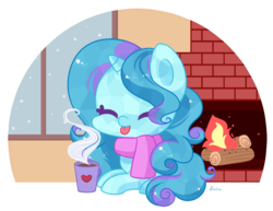 Size: 1681x1298 | Tagged: safe, artist:exceru-karina, oc, oc only, oc:winter doodle, crystal pony, chocolate, clothes, cute, fireplace, food, hot chocolate, scarf, simple background, tongue out, transparent background, winter