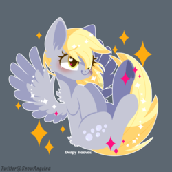 Size: 1200x1200 | Tagged: safe, artist:snow angel, derpy hooves, pegasus, pony, g4, blushing, female, gray background, heart eyes, mare, simple background, smiling, solo, sparkles, spread wings, wingding eyes, wings