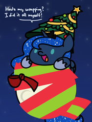 Size: 1350x1800 | Tagged: safe, artist:flutterluv, princess luna, alicorn, pony, series:flutterluv's full moon, g4, chibi, christmas, christmas tree, female, full moon, holiday, mare, moon, smiling, solo, tangible heavenly object, tree, wrapping, wrapping paper