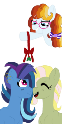 Size: 1594x3161 | Tagged: safe, artist:positivest, oc, oc only, oc:candy swirl, oc:prehnite, oc:spectral rush, earth pony, pegasus, pony, ear piercing, earring, eyes closed, female, glasses, holly, holly mistaken for mistletoe, jewelry, lesbian, mistleholly, next generation, oc x oc, offspring, offspring shipping, parent:cheese sandwich, parent:limestone pie, parent:pinkie pie, parent:rainbow dash, parent:soarin', parent:zephyr breeze, parents:cheesepie, parents:soarindash, parents:zephyrstone, piercing, shipping, simple background, transparent background