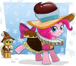 Size: 1000x877 | Tagged: safe, artist:bojack_mlplove, applejack, chancellor puddinghead, pinkie pie, smart cookie, g4, hearth's warming eve (episode), clothes, duo, looking at you, ruff (clothing), smiling, snow, snowflake