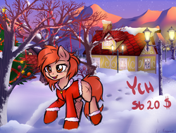 Size: 2500x1900 | Tagged: safe, artist:kruszynka25, oc, oc only, pony, christmas, christmas lights, christmas tree, clothes, commission, evening, holiday, lantern, snow, solo, tree, winter, your character here