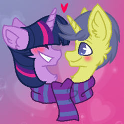 Size: 316x317 | Tagged: safe, artist:adelemlp, comet tail, twilight sparkle, g4, blushing, clothes, female, heart, male, scarf, shared clothing, ship:cometlight, shipping, straight